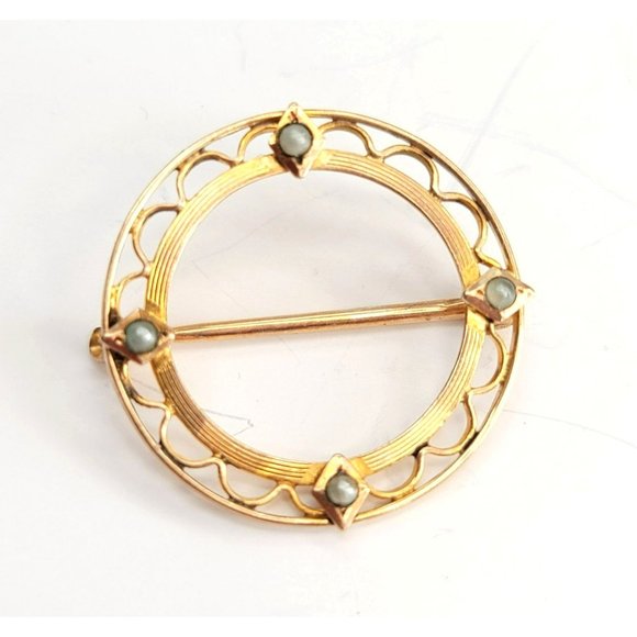 Antique Krementz 10k Gold Pin Brooch Round Seed Pearl Scalloped Double Lattice C - Picture 1 of 6